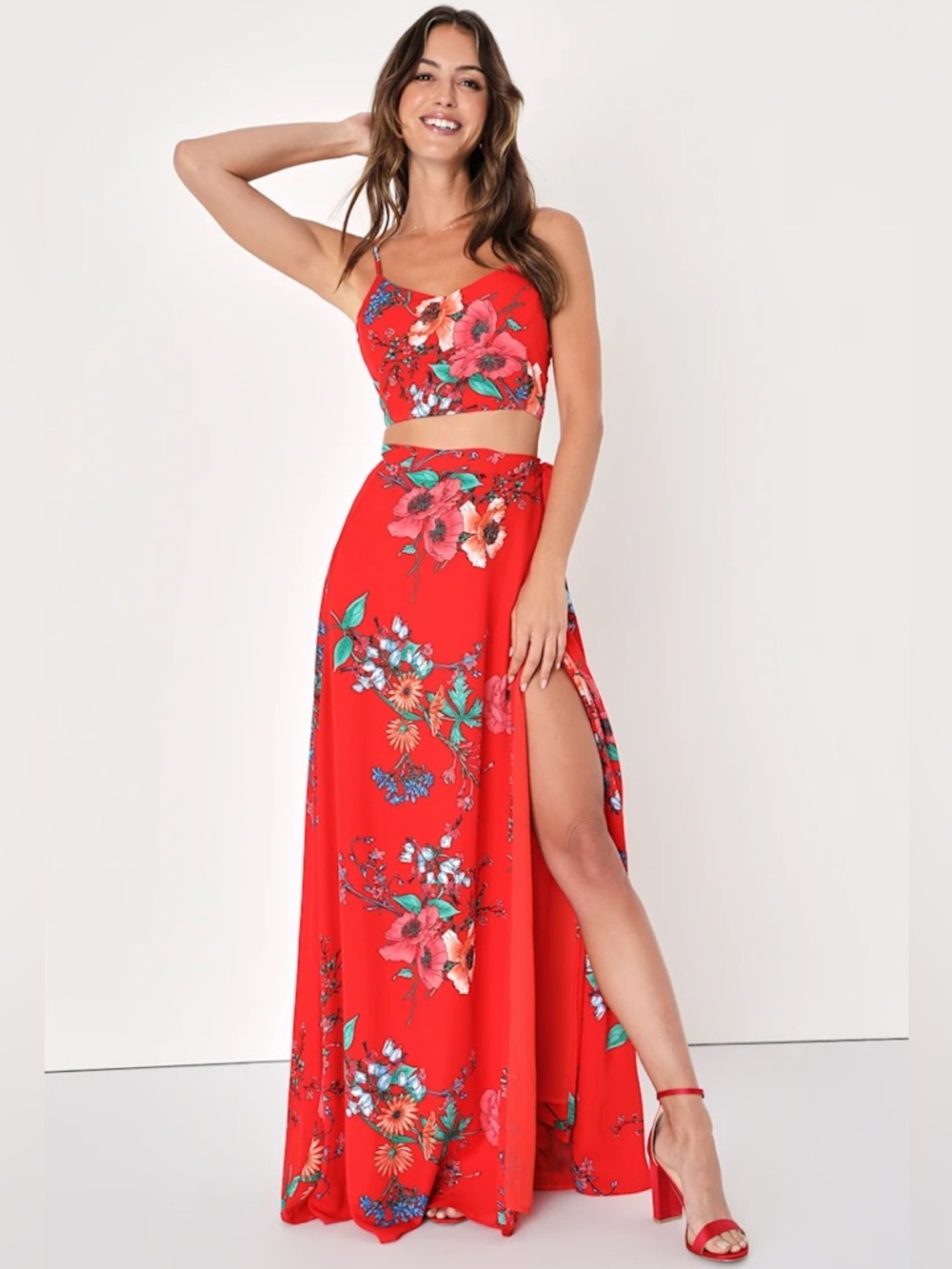 Lulu's Bloom With a View Red Floral Print Two-Piece Maxi Dress